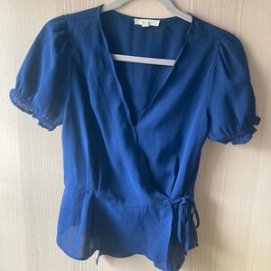 Blue Puff Sleeve Wrap Blouse